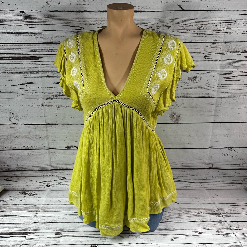 Free People Falling Water Embroidered Tunic Flutter Sleeve Top